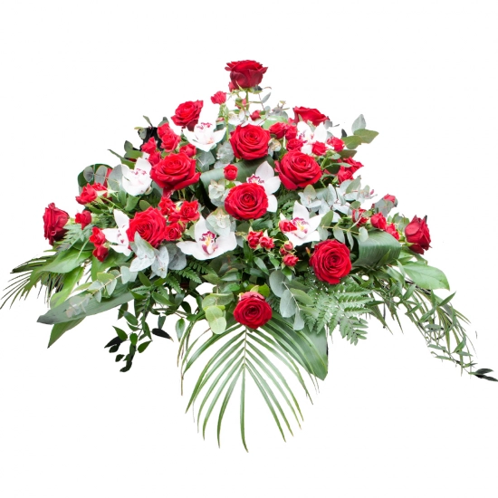 Aranjament floral funerar din trandafiri, minirosa si orhidee